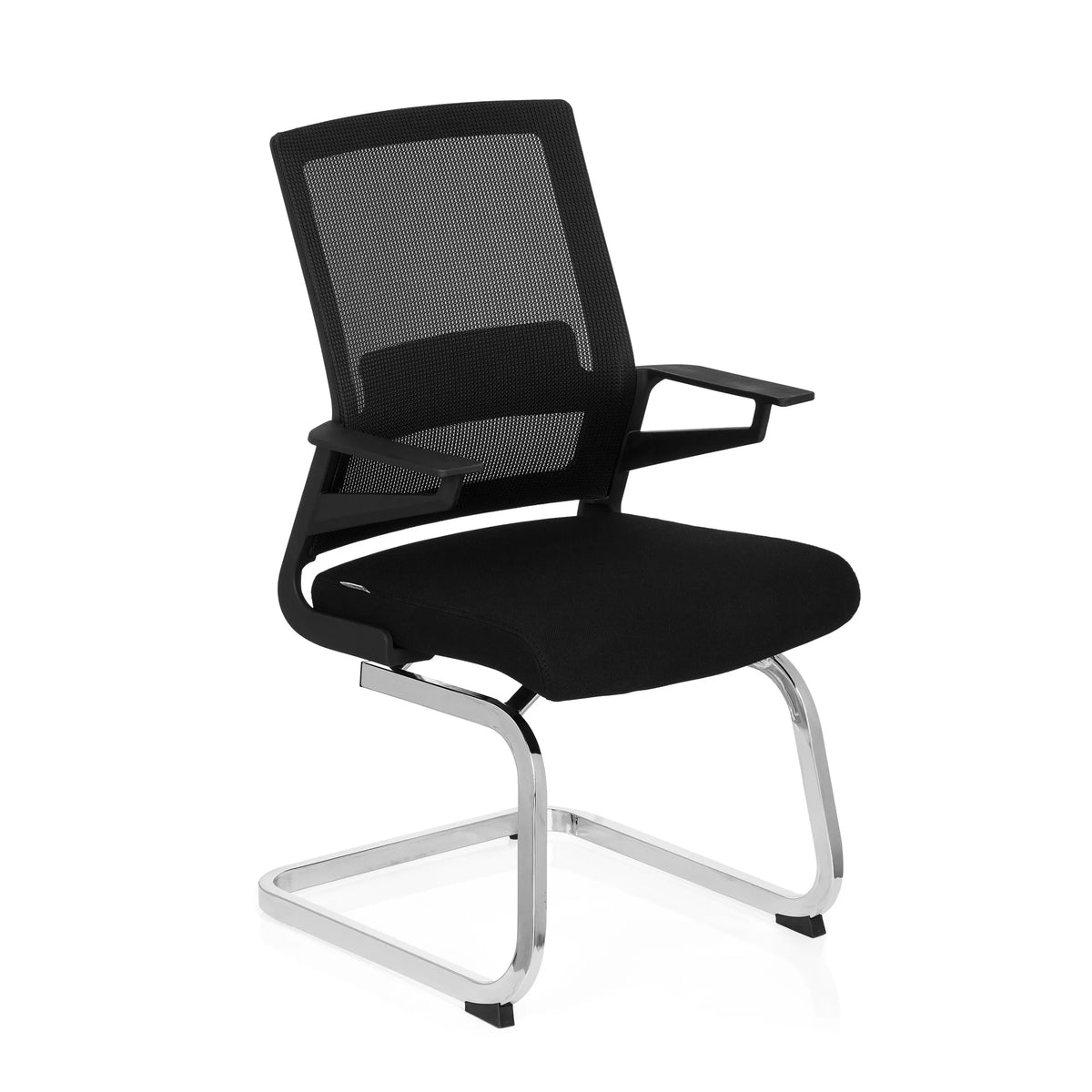 Black Cantilever chair INVENTOR V with mesh back, armrests and sled base by hjh OFFICE – 360-degree view (front three-quarter view 40°)