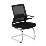 Black Cantilever chair INVENTOR V with mesh back, armrests and sled base by hjh OFFICE – 360-degree view (front three-quarter view 40°)