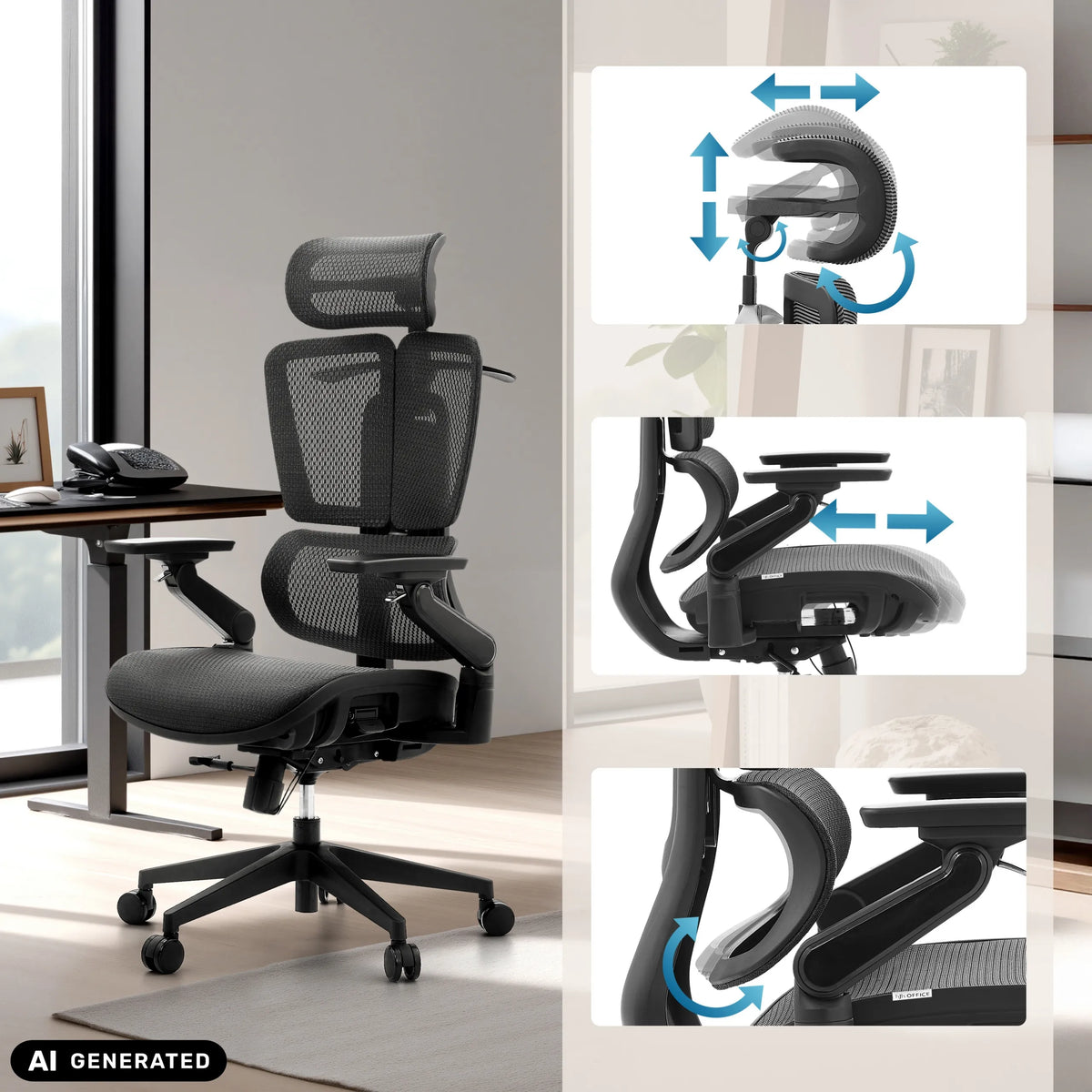 Adjustable headrest and armrests of the Professional Office Chair Ergo U2 Pro3 by hjh OFFICE (AI-generated image)