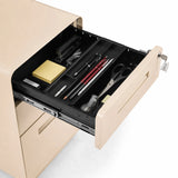 Open drawer with organiser insert and office supplies of the COLOR PLUS I mobile drawer unit in beige by hjh OFFICE