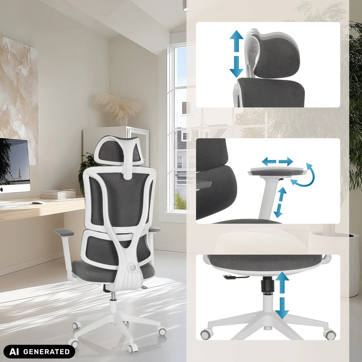 Adjustable headrest, armrests and seat height of the ERGOMY WF Home Office Chair by MyBuero (AI-generated image)