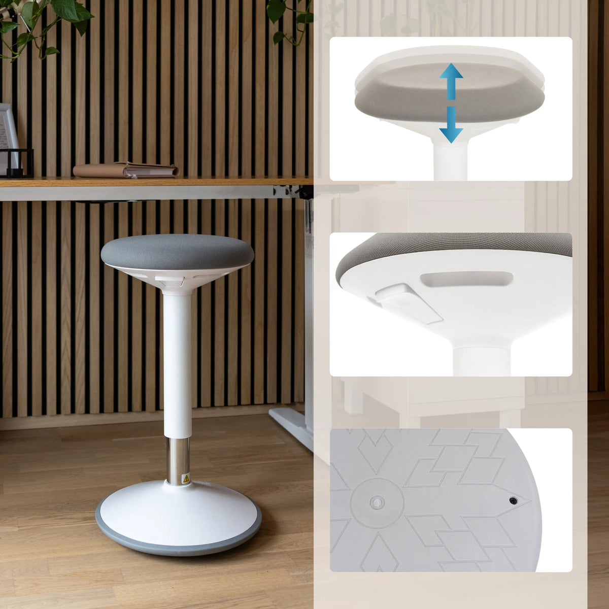 Height-adjustable seat and footplate of the BALANCE SIT III W standing aid in white and grey by hjh OFFICE