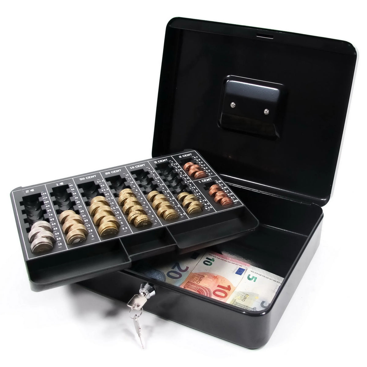 Open Cash box SAFE in black with coin tray and banknotes by hjh OFFICE