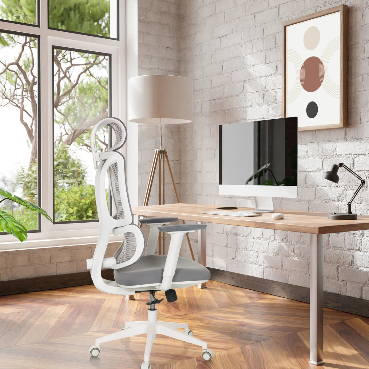 Professional Office Chair ERGOMY W with grey fabric surface, white frame and mesh backrest by MyBuero