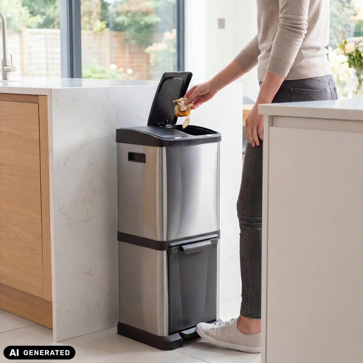 Silver CLEAN VII wastepaper bin with two compartments in a kitchen by hjh OFFICE (AI-generated image)