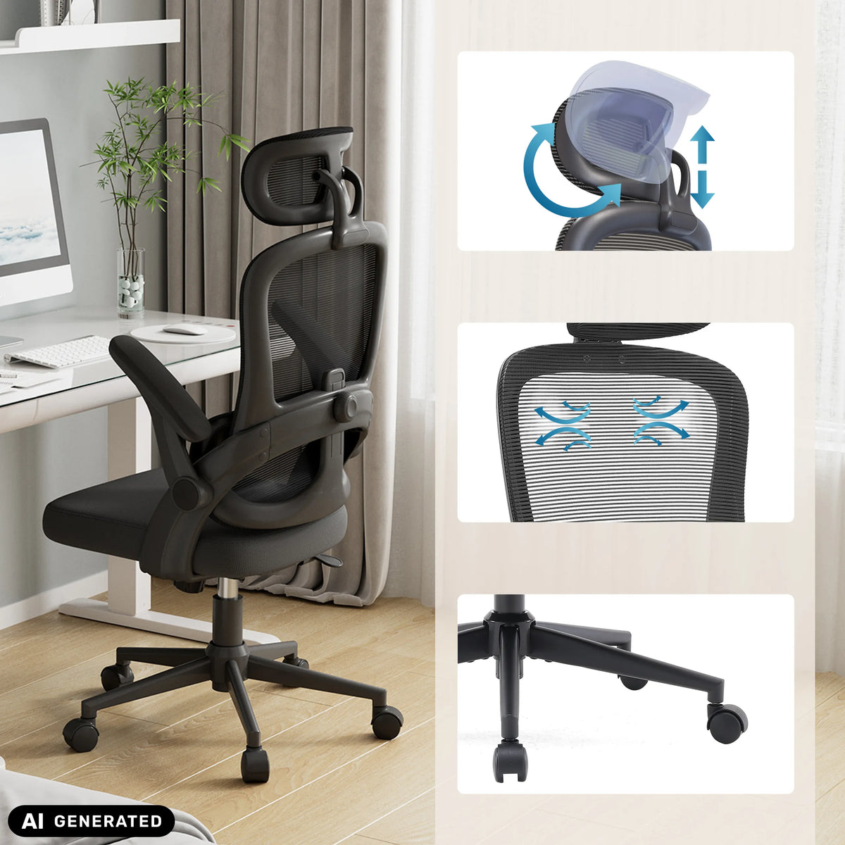 Professional Office Chair MC102C-M101 in black with adjustable headrest and five-star base by Sihoo (AI-generated image)