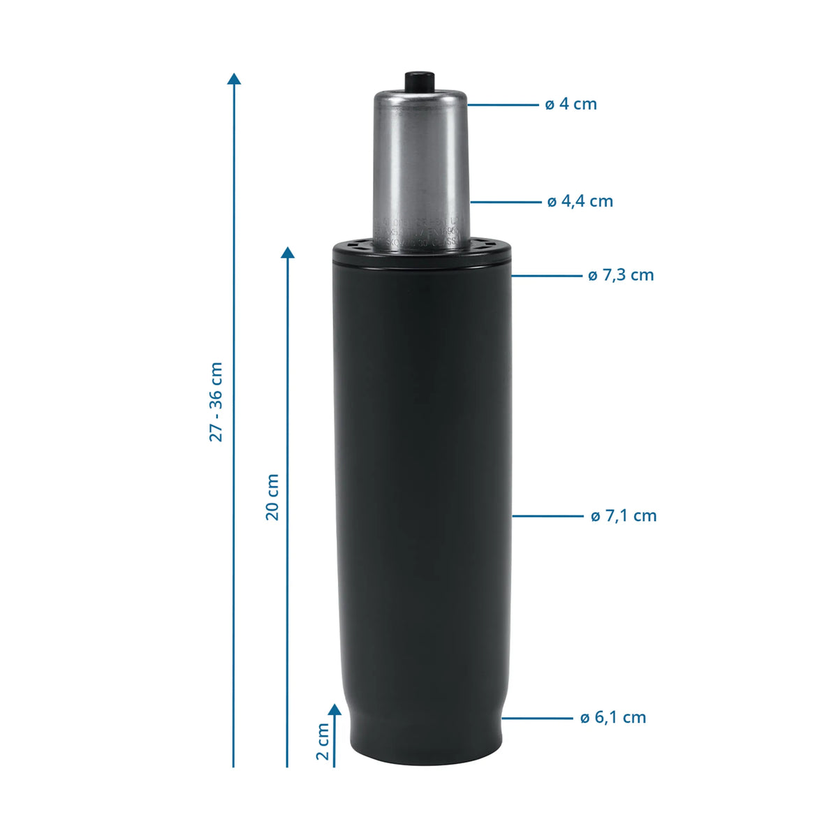 Maßzeichnung der Gasfeder GF-XXL mit einer Höhe von 27 bis 36 cm von hjh OFFICE