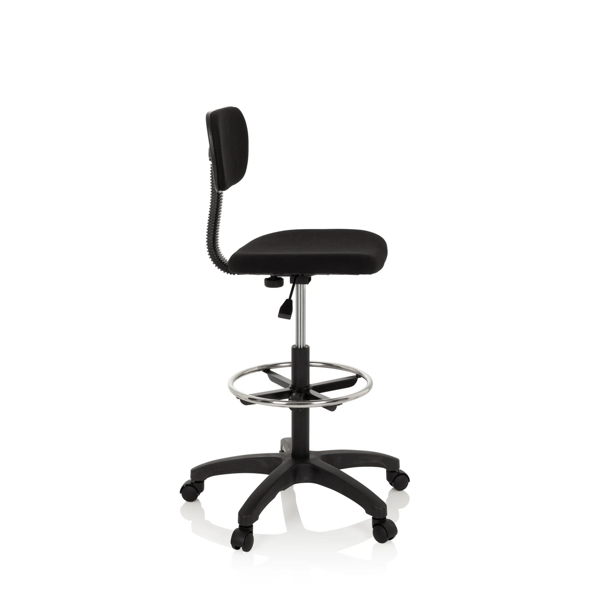 Black Counter chair TOP WORK 05 with foot ring and five-caster base by hjh OFFICE – 360-degree view (side profile 80°)