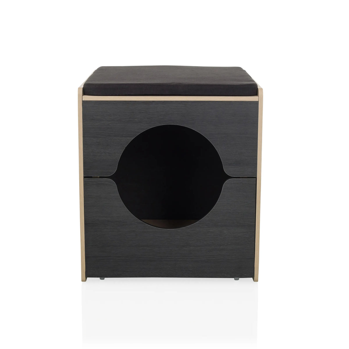 Black Cat house KITTY PAWBOX 2 with round opening and oak-look details by hjh LIVING – 360-degree view (front view 0°)