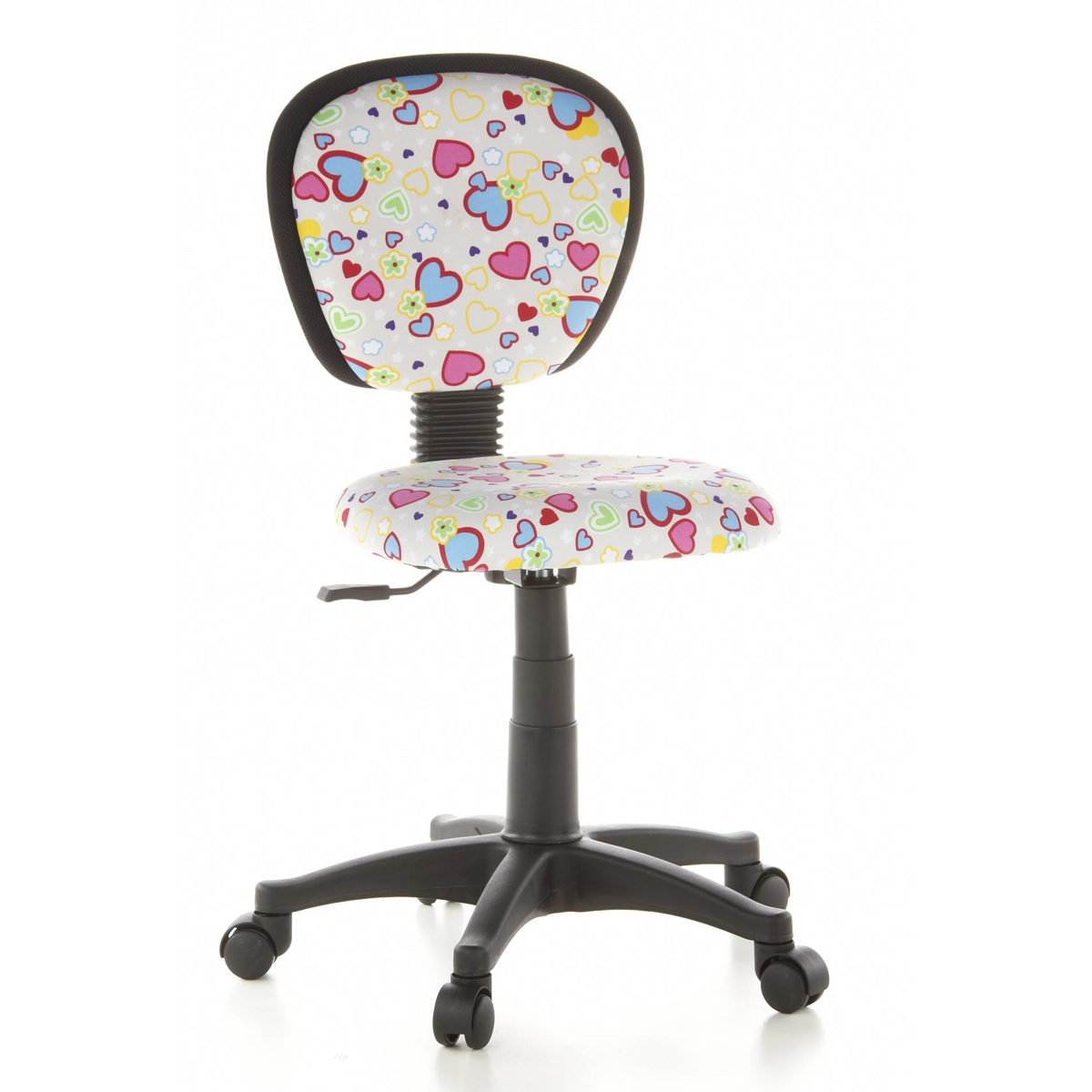 Swivel Chair – Children KIDDY TOP with colourful heart and flower pattern and five-caster base by hjh OFFICE – 360-degree view (front view 20°)