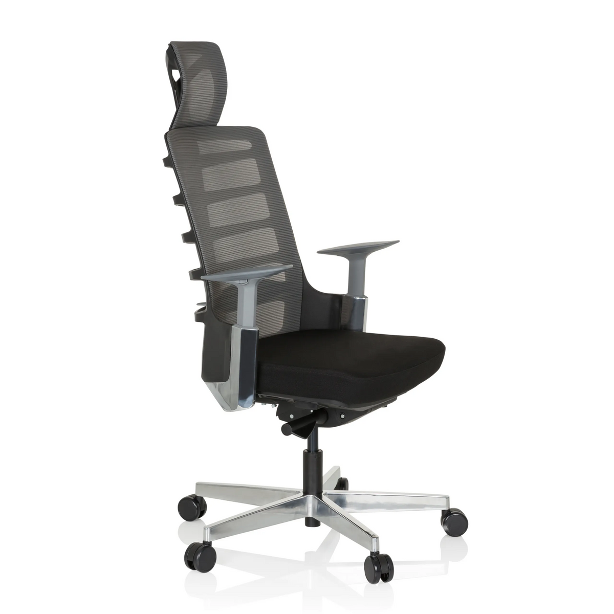 Black-grey High End Office Chair SKARIF with mesh back and five-caster base by hjh OFFICE – 360-degree view (front three-quarter view 60°)