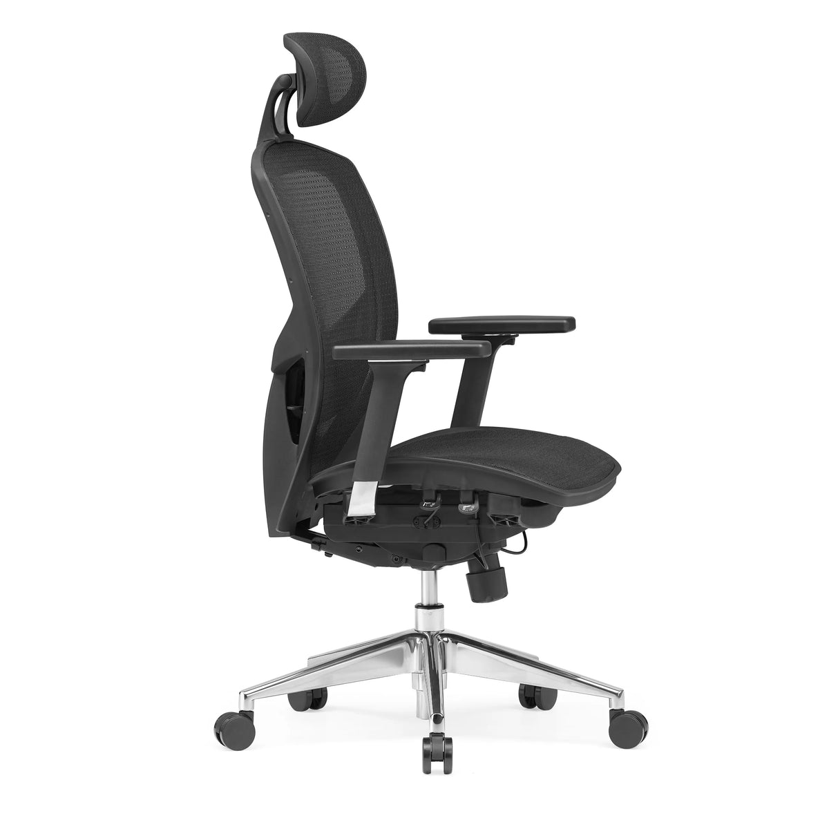Black High End Office Chair VENUS ONE with mesh back and five-caster base by hjh OFFICE – 360-degree view (side profile 75°)