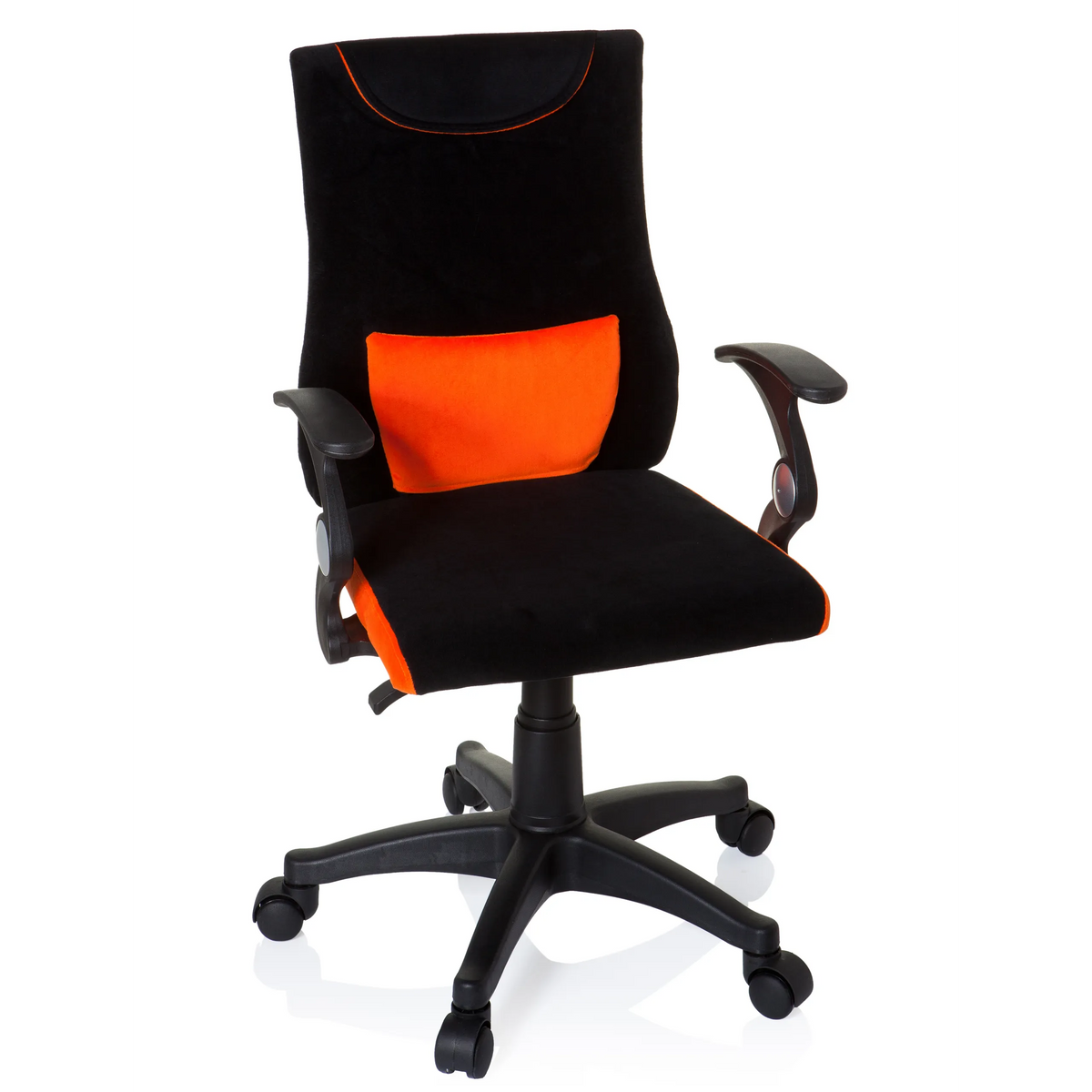 Black and orange Swivel Chair – Children KIDDY PRO AL with lumbar cushion and five-caster base by hjh OFFICE – 360-degree view (front view 20°)
