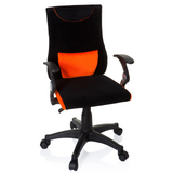 Black and orange Swivel Chair – Children KIDDY PRO AL with lumbar cushion and five-caster base by hjh OFFICE – 360-degree view (front view 20°)