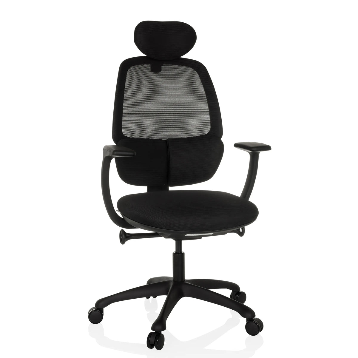 Black Professional Office Chair RI-COVER with mesh back, headrest and five-caster base by hjh OFFICE – 360-degree view (front view 15°)