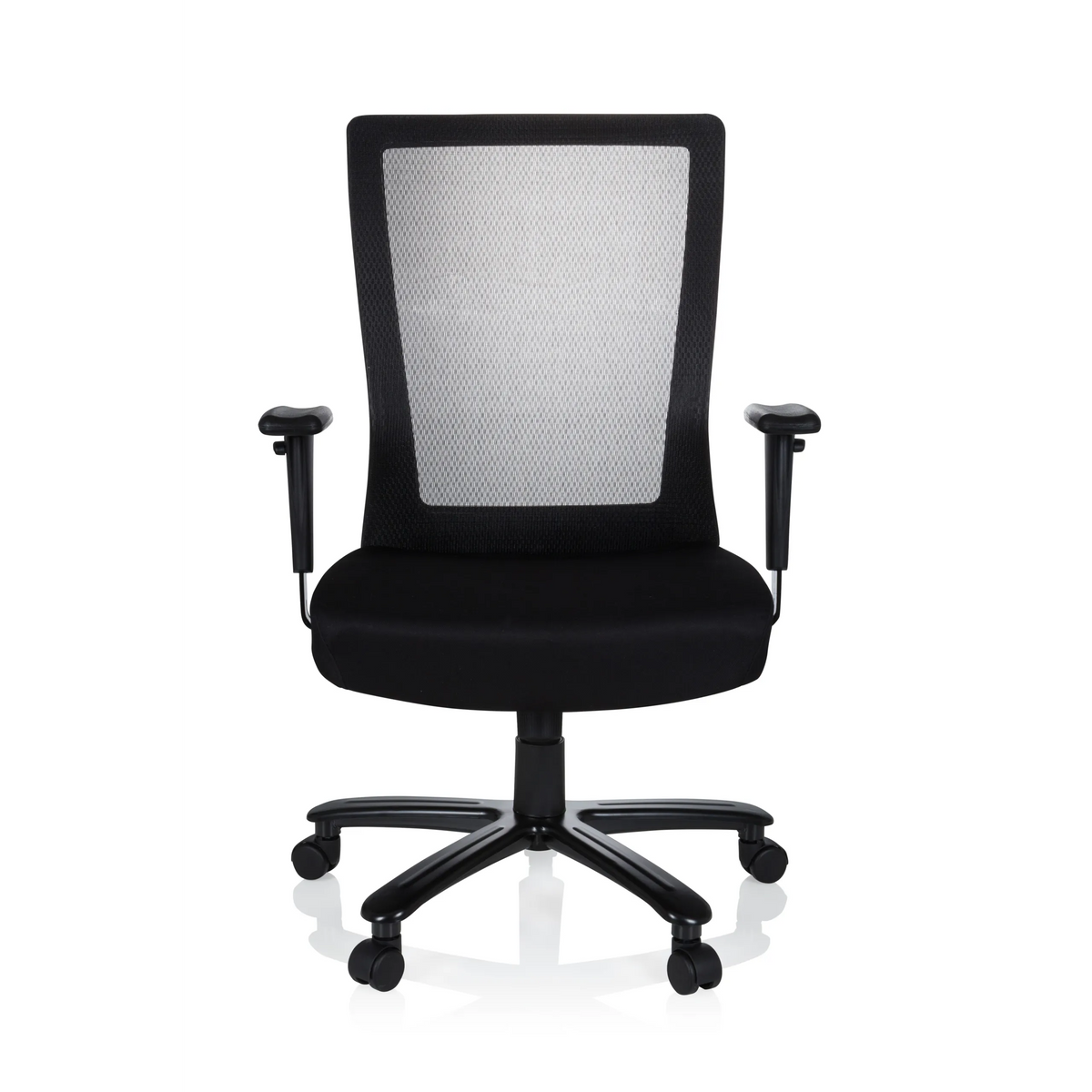 Black Swivel Chair XXL EXTENDER with mesh back and five-caster base by hjh OFFICE – 360-degree view (front view 0°)