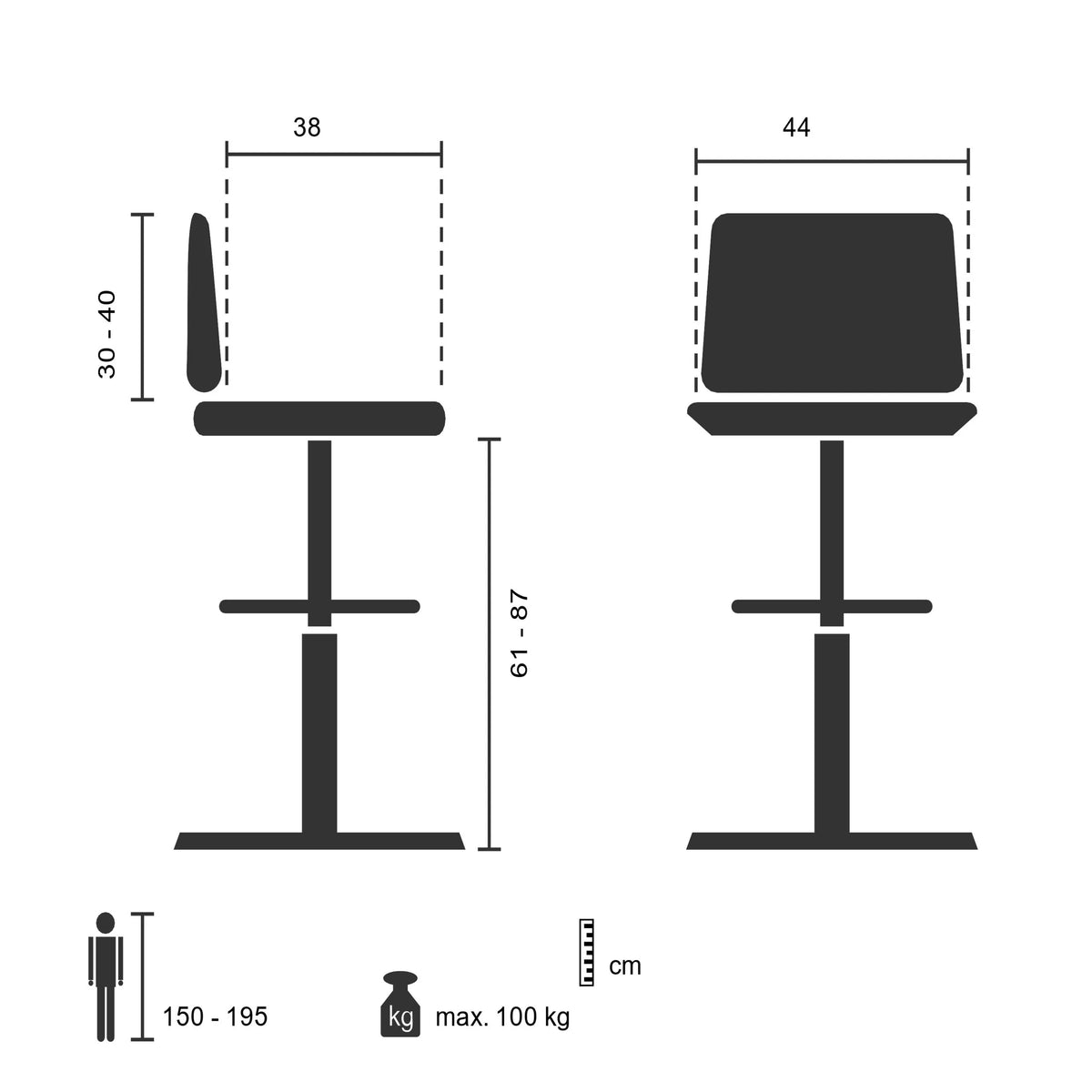 Technical drawing of the Counter chair TOP WORK 24 I with a maximum load capacity of 100 kg by hjh OFFICE