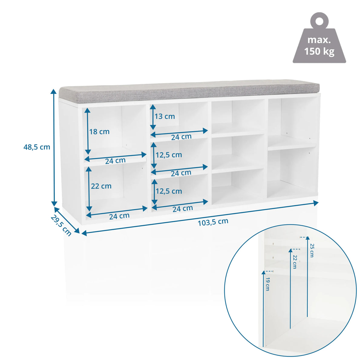 Dimensional drawing of the Shoe Cabinet ESTHA 10 with 103.5 × 48.5 cm and a load capacity of 150 kg by hjh LIVING