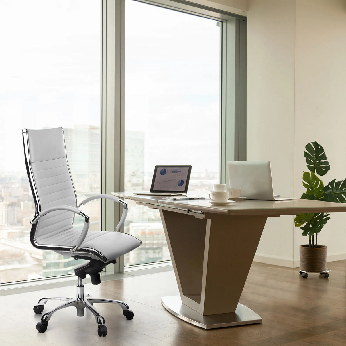 Cream-white Professional Executive Chair PARMA 20 with chrome frame at a modern desk in front of a window by hjh OFFICE