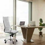 Cream-white Professional Executive Chair PARMA 20 with chrome frame at a modern desk in front of a window by hjh OFFICE