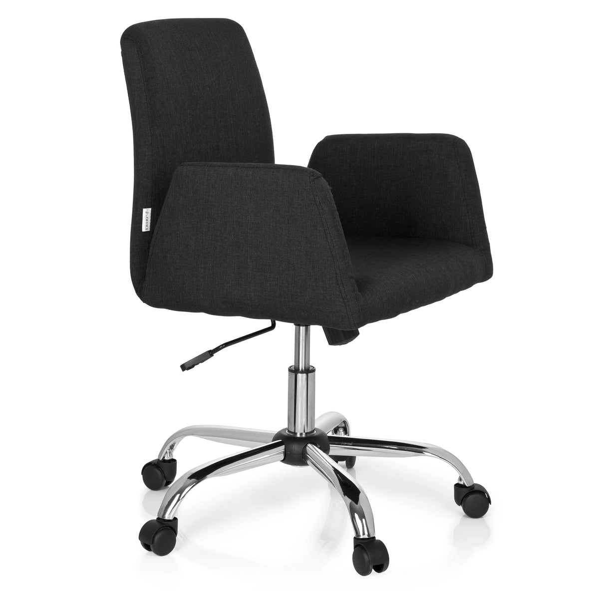Black Home Office Chair FLOW with armrests and glossy five-caster base by hjh OFFICE – 360-degree view (front three-quarter view 60°)