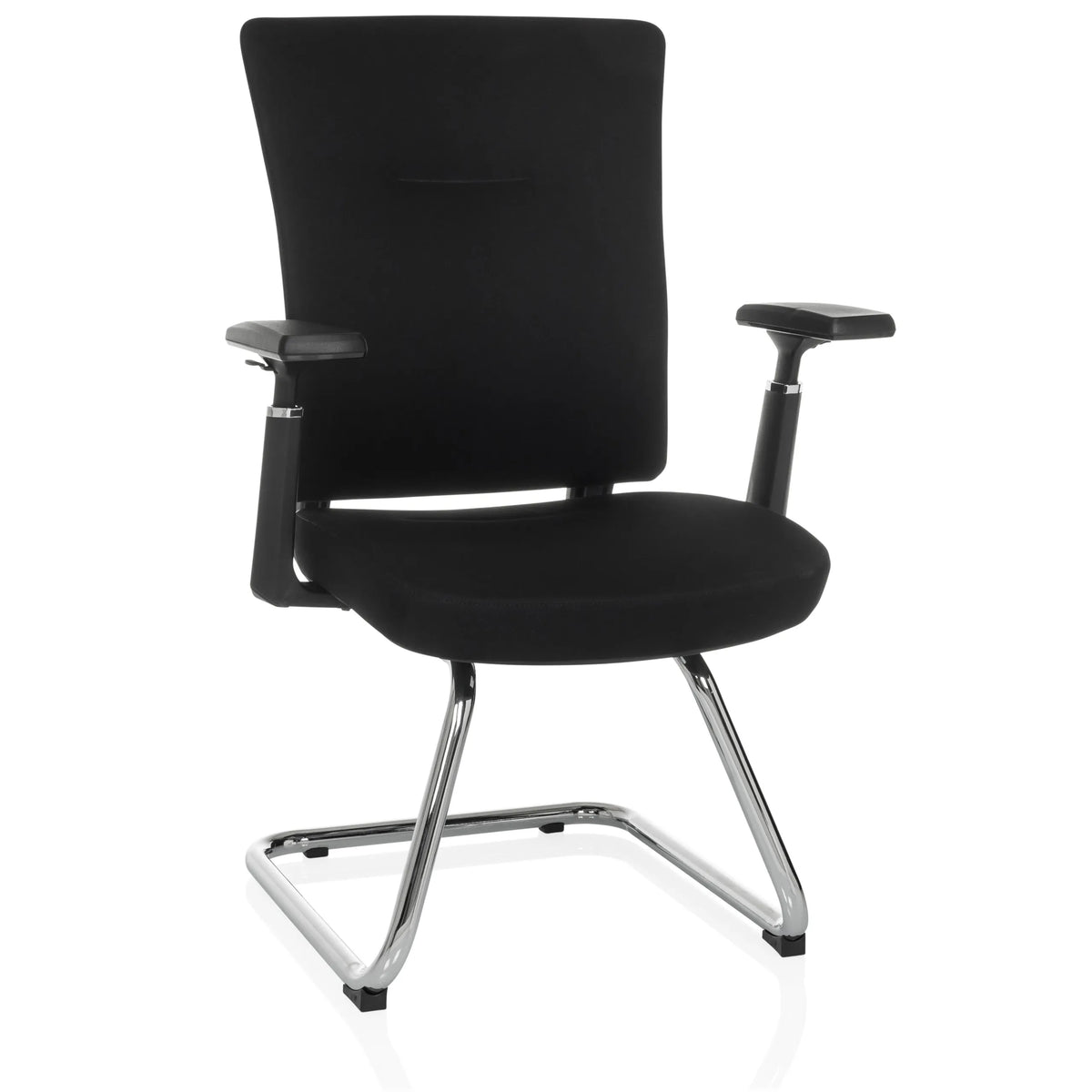 Black cantilever chair CAPTIVO PRO V with armrests and fabric upholstery by hjh OFFICE – 360-degree view (front view 15°)