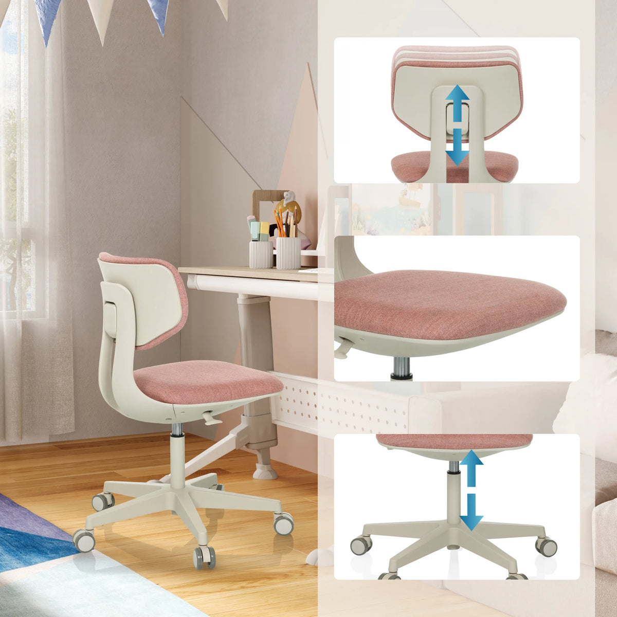 Height-adjustable backrest and seat of the Swivel Chair – Children KIDDY CLASSIC in pink by hjh OFFICE
