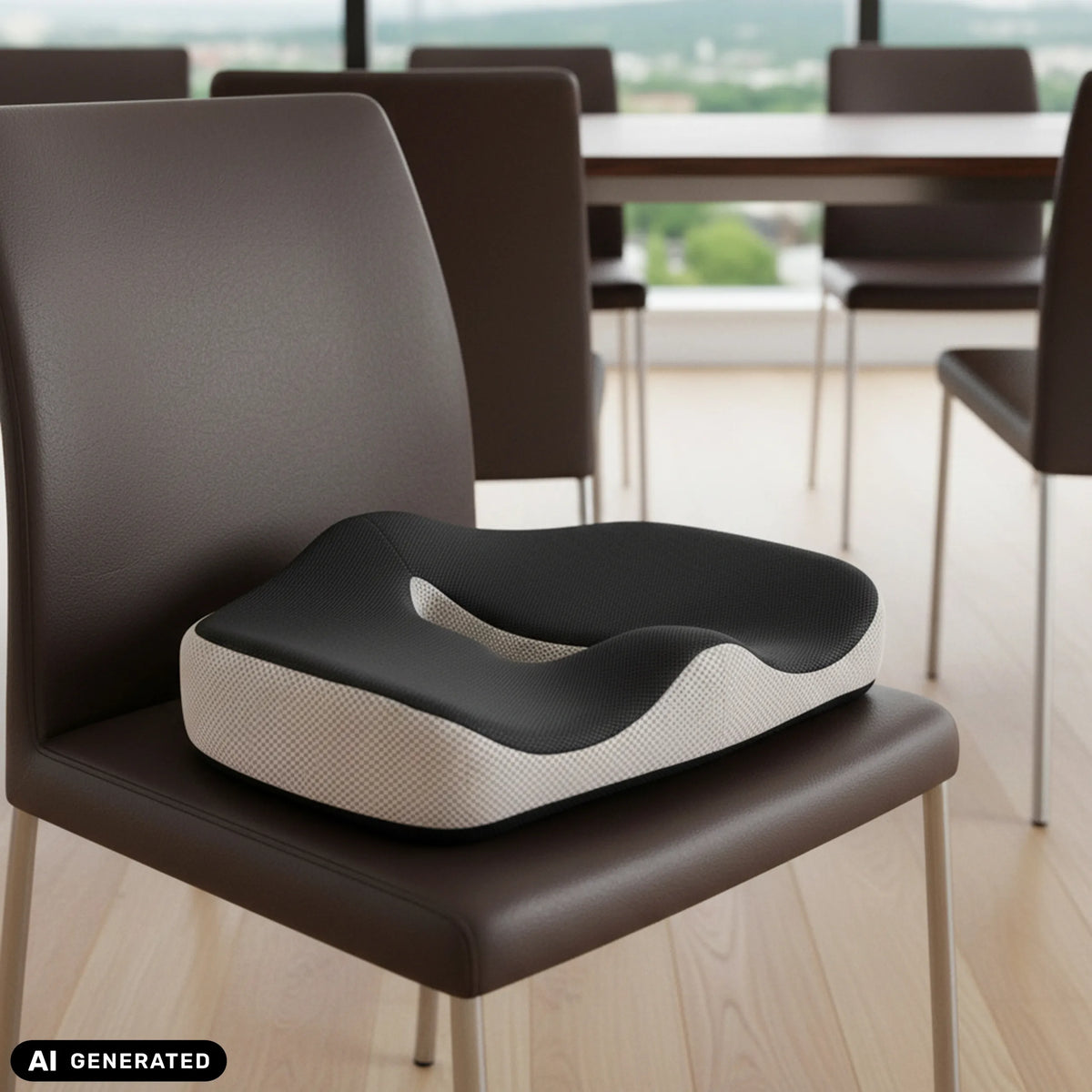 Black and white MEDISIT VII seat cushion on a brown chair by hjh OFFICE (AI-generated image)