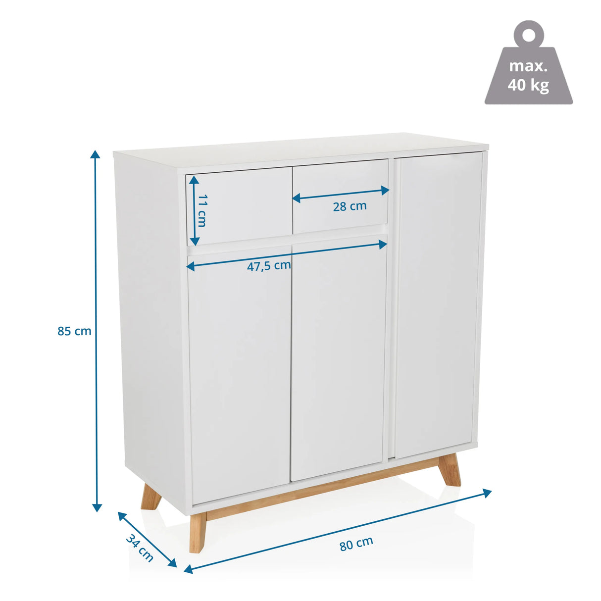 Dimensional drawing of the Chest of drawers ESTHA with 80 × 85 cm and a maximum load of 40 kg by hjh LIVING
