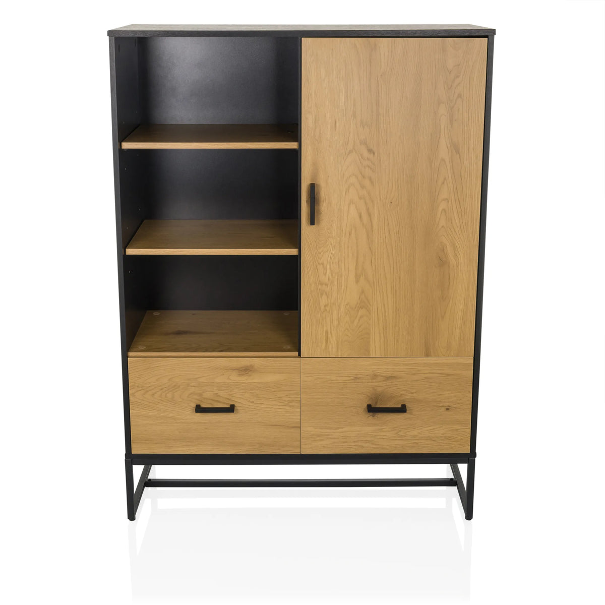 Black oak finish Office cabinet AMIO H with two drawers, one door and open shelves by hjh LIVING – 360-degree view (front view 0°)