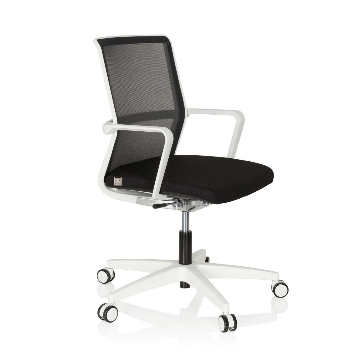 Black and white Professional Office Chair MOVE-TEC NET 3D W with mesh back and white five-caster base by hjh OFFICE – 360-degree view (front three-quarter view 60°)