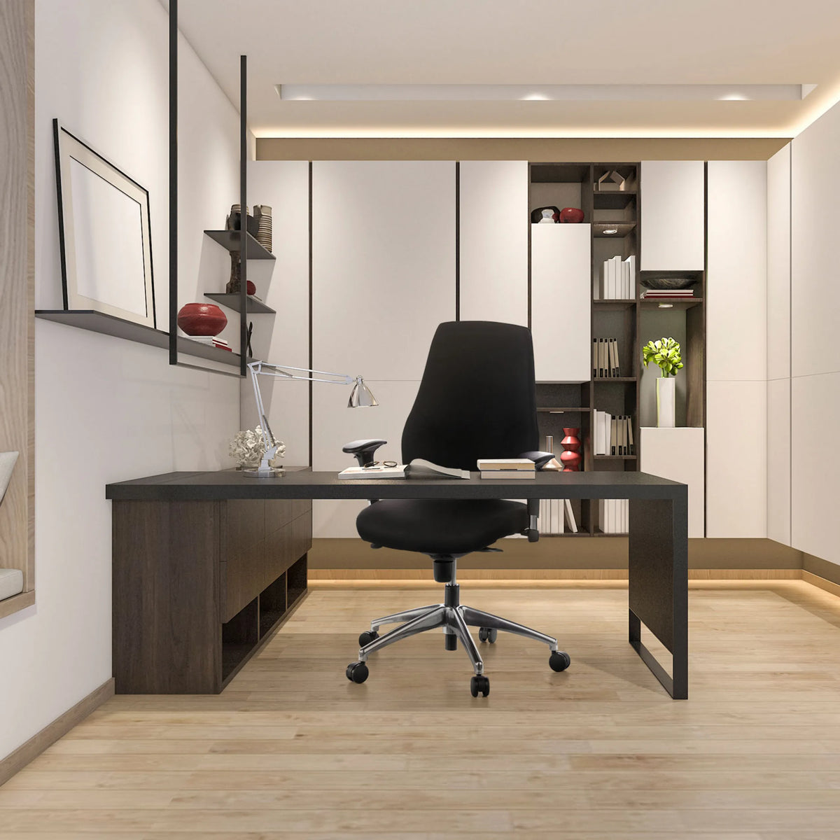 Professional Office Chair PRO-TEC 200 in black with castors at a dark desk in a home office by hjh OFFICE
