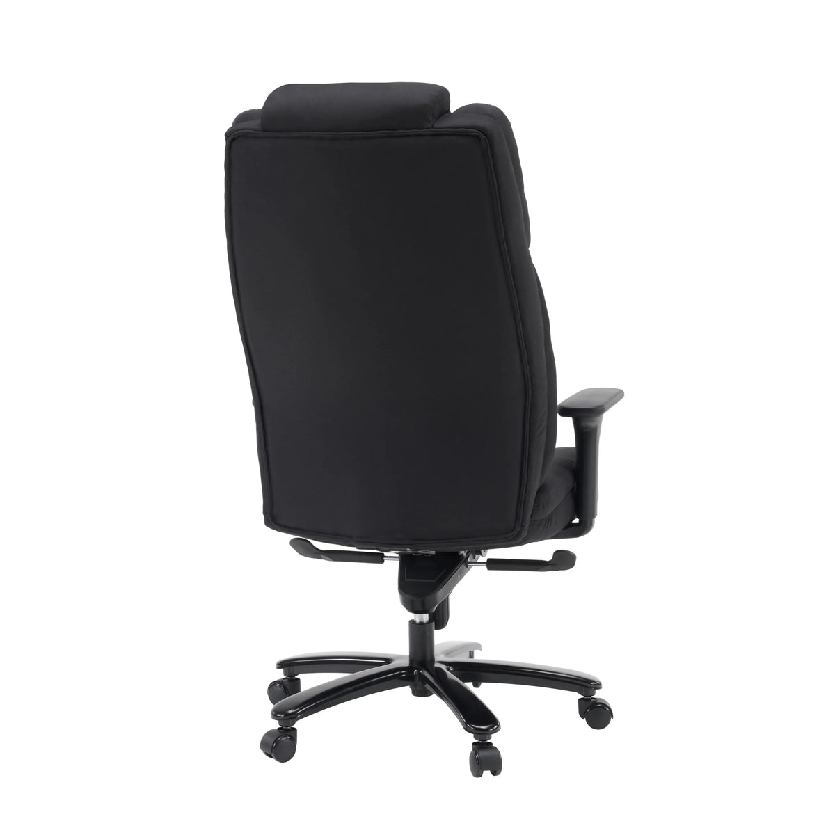 Rear view of the black XXL Pullmann Gen2 swivel chair with fabric upholstery and five castors by hjh OFFICE