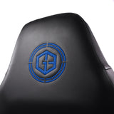 Blue embroidered logo on the black backrest of the Gaming chair GAMEBREAKER POLARYS I by hjh OFFICE