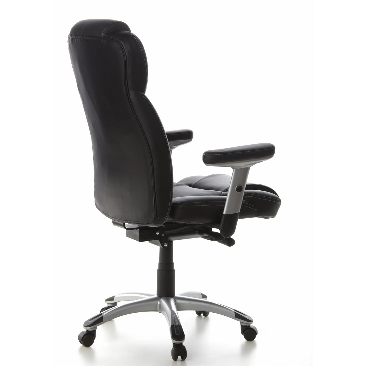 Black Professional Executive Chair EMBASSY 200 L with armrests and silver five-caster base by hjh OFFICE – 360-degree view (rear three-quarter view 120°)