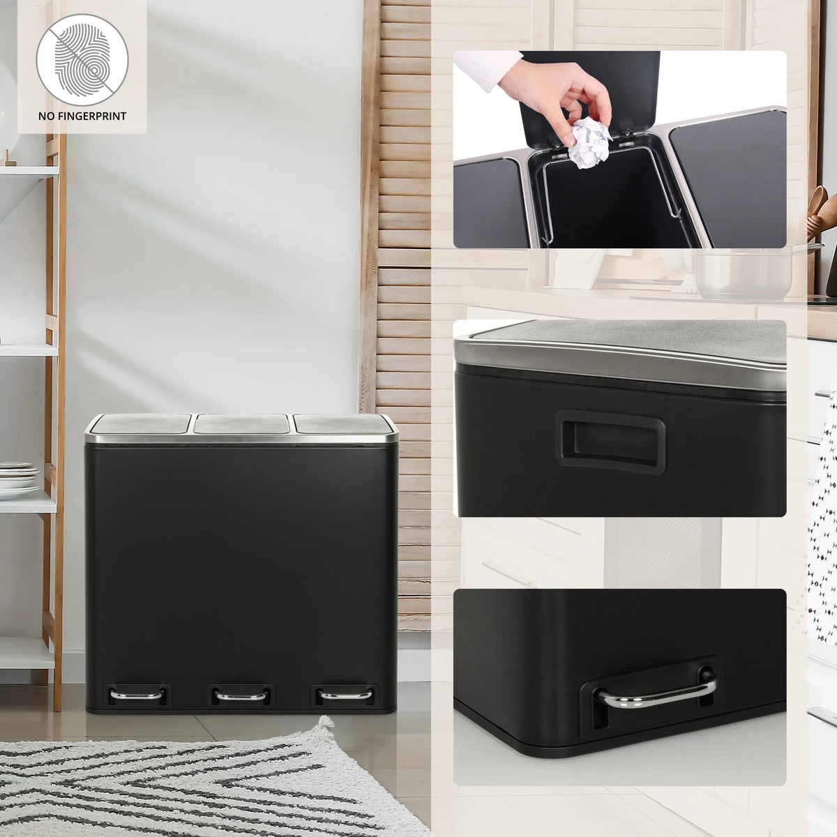 Black wastepaper bin Clean 9 with three compartments, stainless steel lid and handles by hjh OFFICE