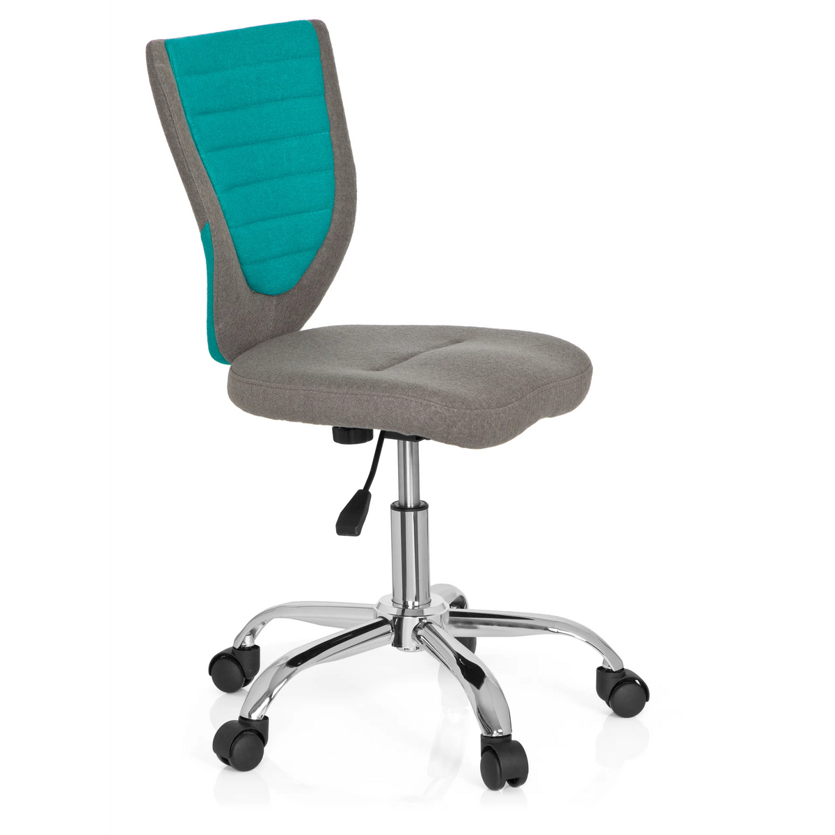 Grey-turquoise Swivel Chair – Children KIDDY COMFORT with star base and five castors by hjh OFFICE – 360-degree view (front three-quarter view 60°)