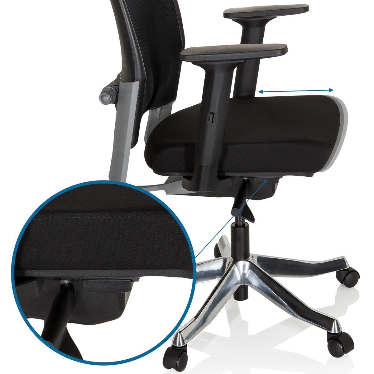 Adjustable armrests and seat mechanism of the IKAST I Professional Office Chair in black by hjh OFFICE