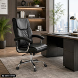 Black Relax Prestio home office chair with quilted pattern and chromed star base in an office by MyBuero