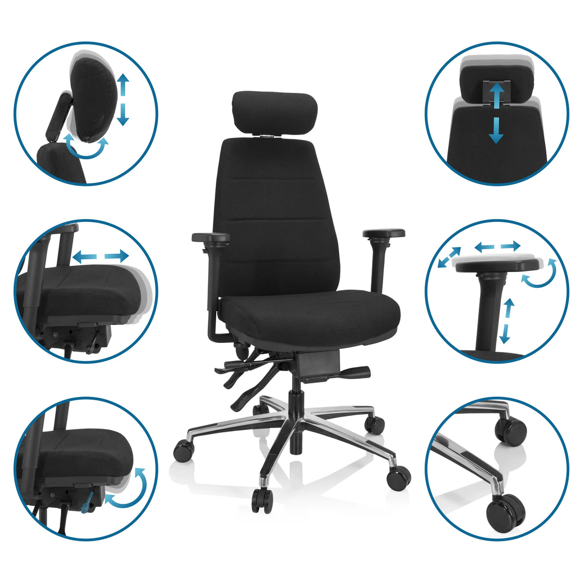 Adjustment options of the Professional Office Chair PHOENIX PRO I with headrest and armrests by hjh OFFICE