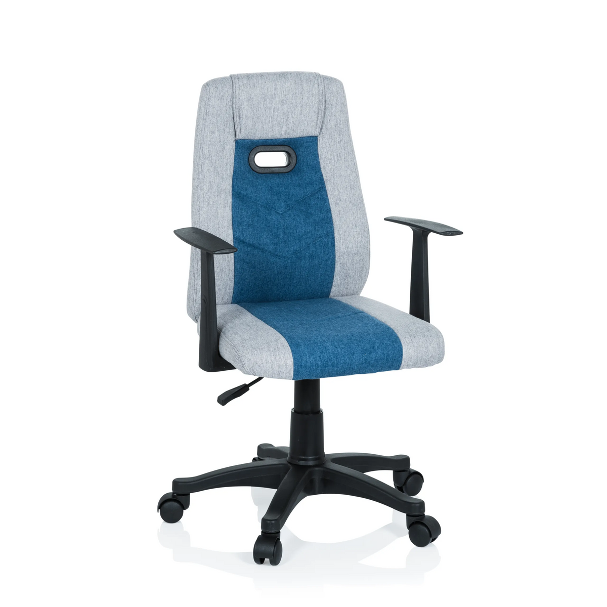 Grey-blue Swivel Chair – Children KIDDY EXTRA with armrests and five-caster base by hjh OFFICE – 360-degree view (front view 20°)