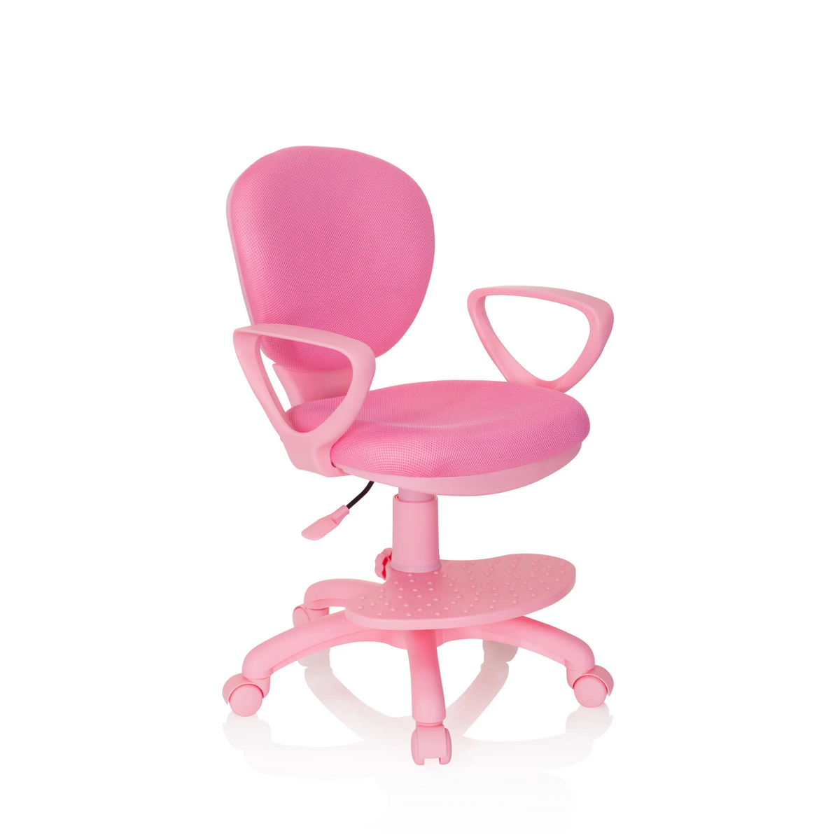 Pink Swivel Chair – Children KID COLOUR with armrests and five-caster base by hjh OFFICE – 360-degree view (front three-quarter view 40°)