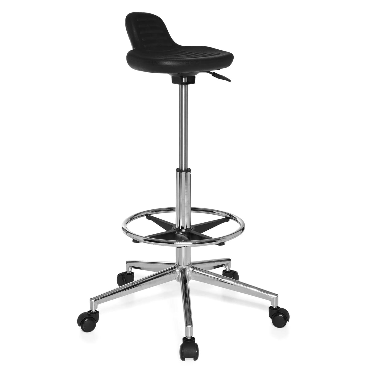 Black Swivel stool TOP WORK 03 with foot ring and five-caster base by hjh OFFICE – 360-degree view (front three-quarter view 40°)
