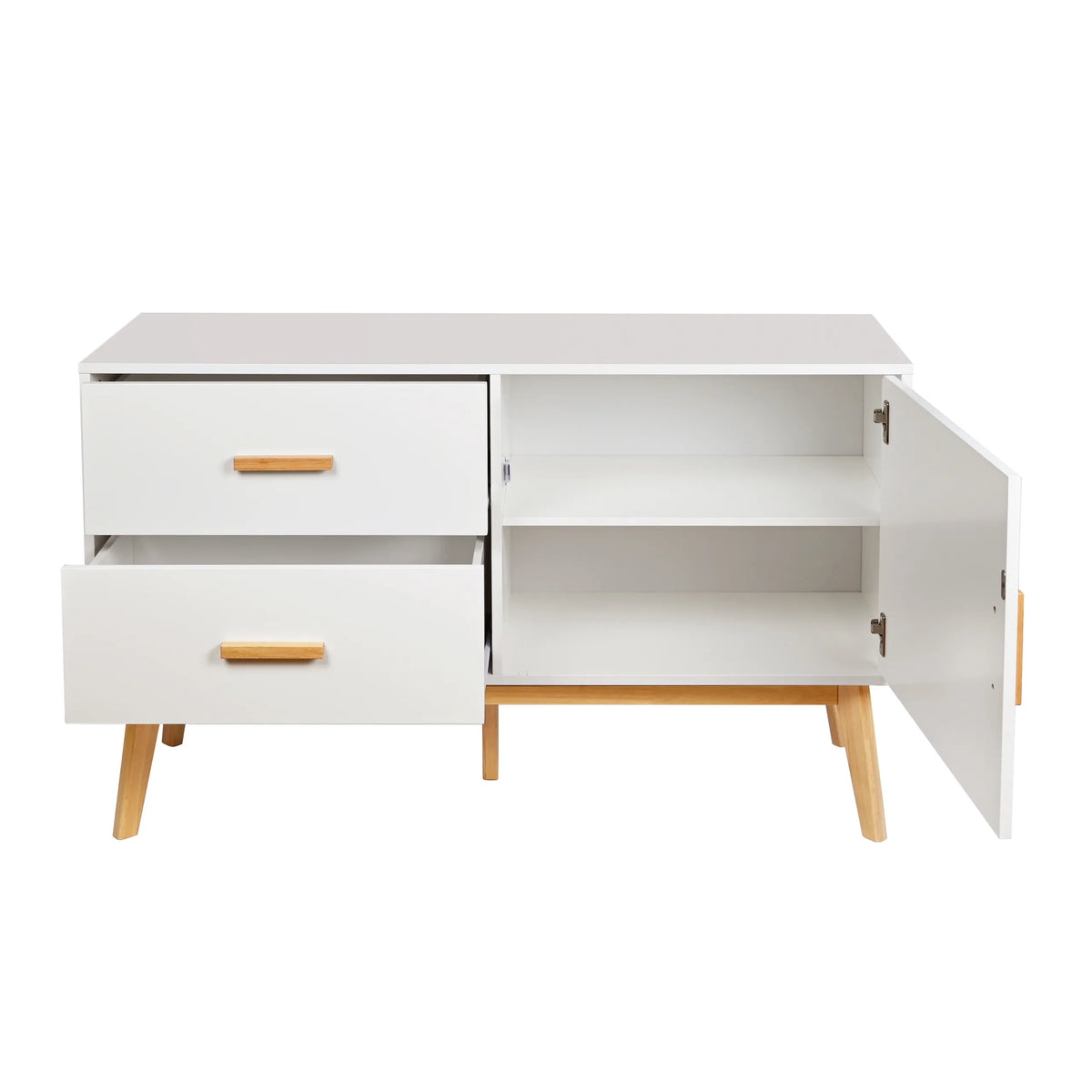 White Sideboard TAROLO with two drawers, one compartment with an open door and wooden legs by hjh LIVING