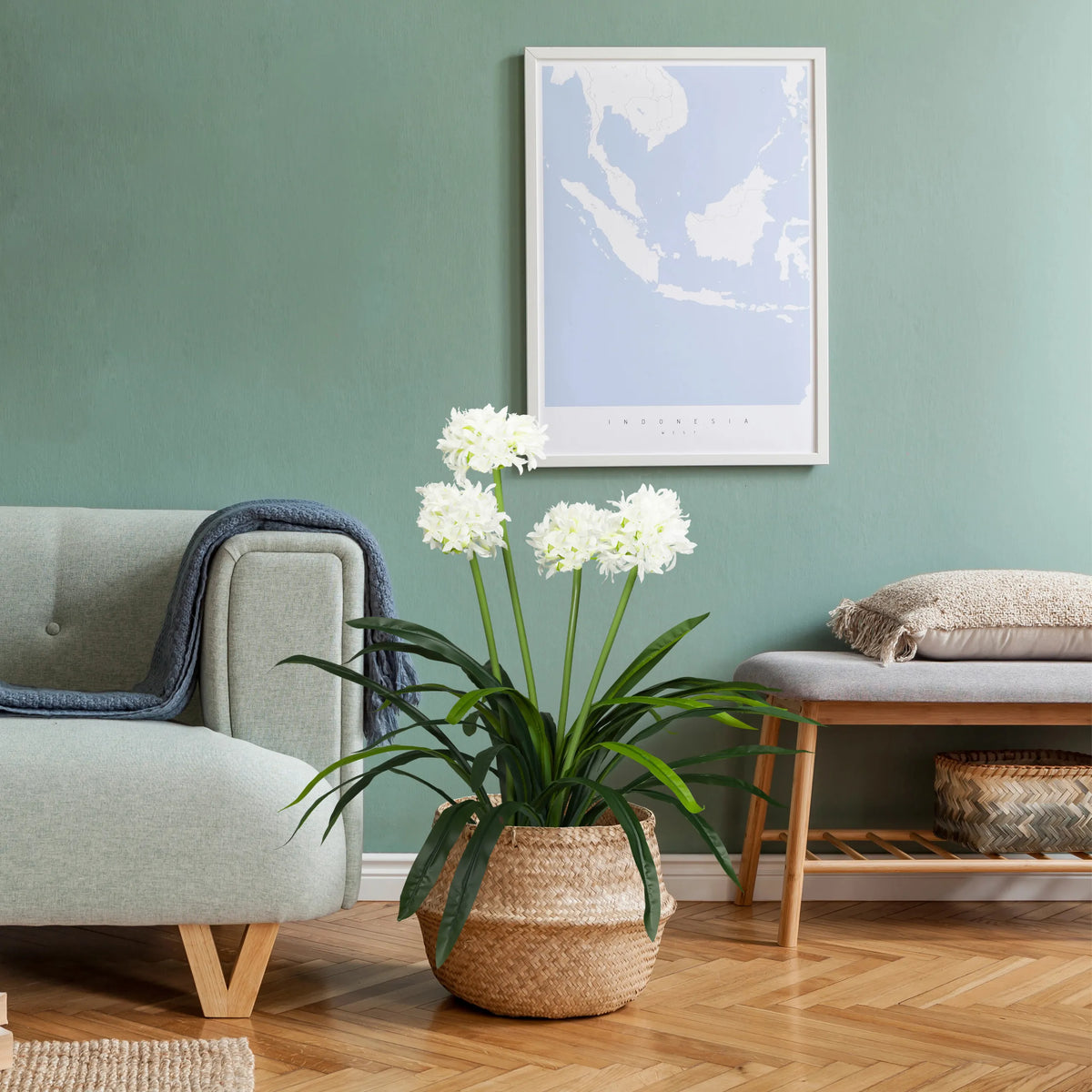 Artificial plant AGAPANTHUS in green and white in a woven basket by hjh OFFICE