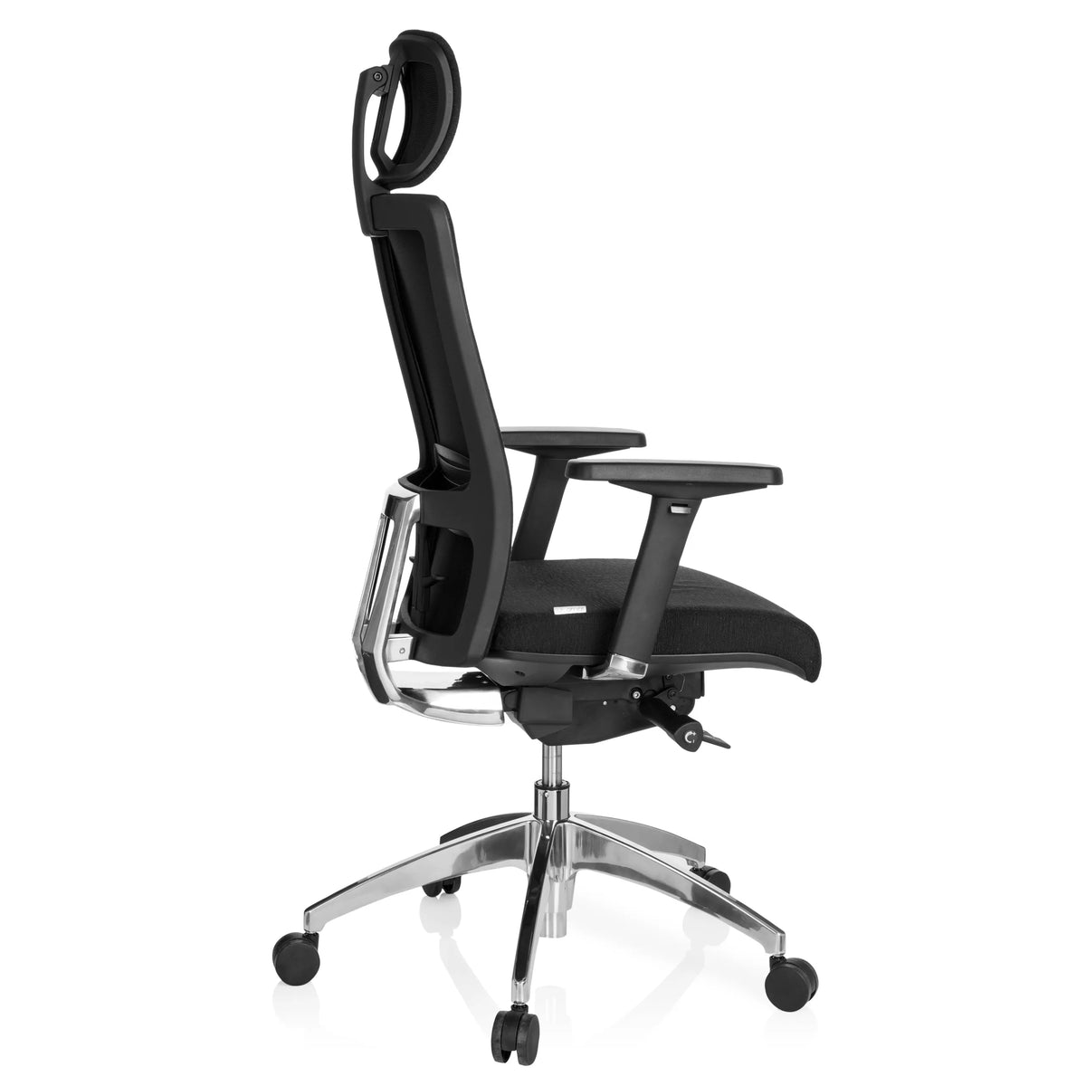 Black Professional Office Chair ASTRA LUX with headrest, armrests and five-caster base by hjh OFFICE – 360-degree view (side profile 100°)