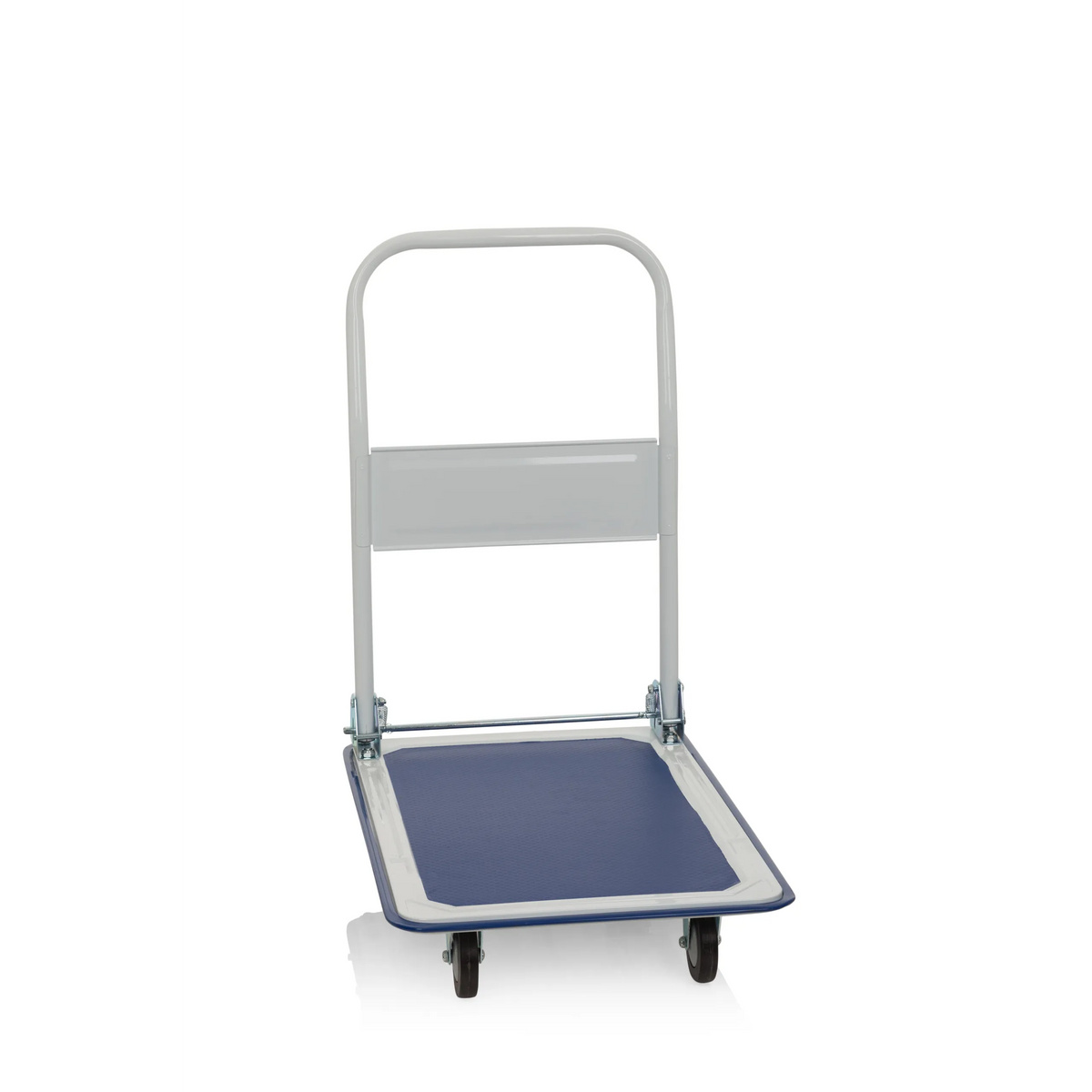 Blue and white Platform trolley CARRY with foldable handle and four castors by hjh OFFICE – 360-degree view (front three-quarter view 60°)