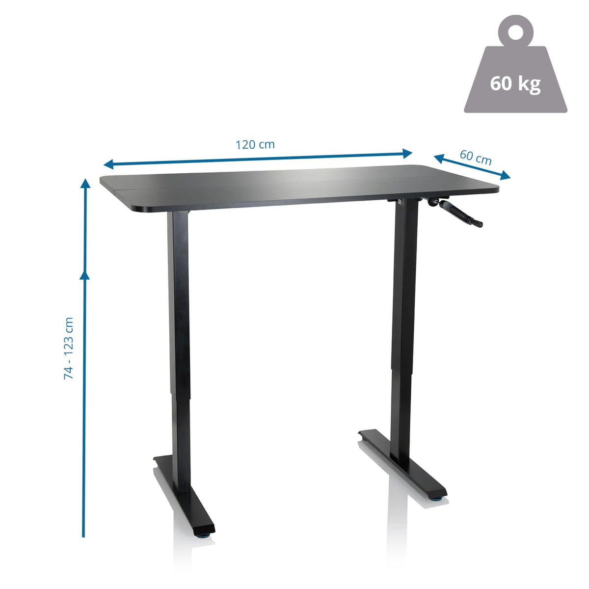 Dimensional drawing of the Standing desk STAND CR with 120 x 60 cm and a load capacity of 60 kg by hjh OFFICE