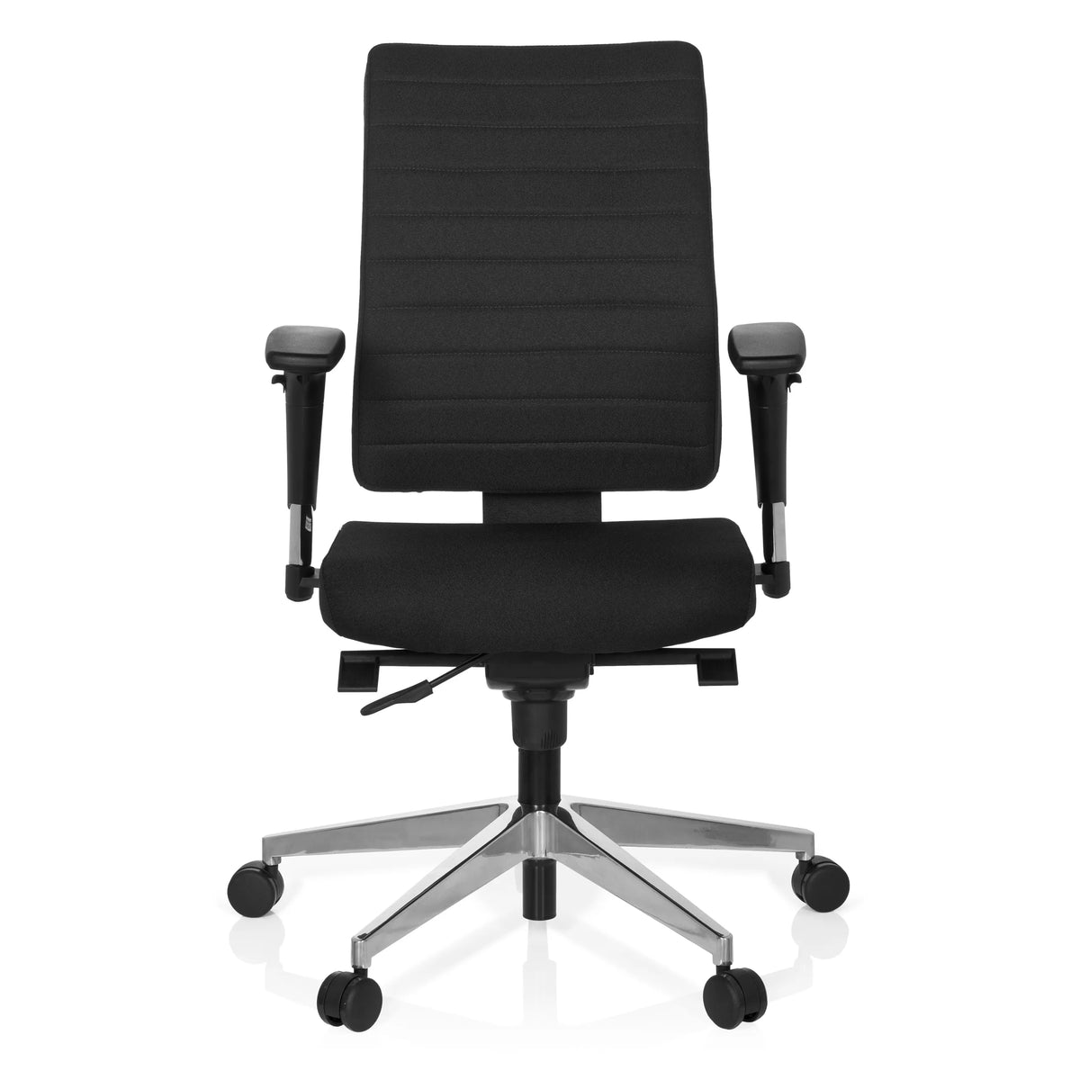 Black Professional Office Chair PRO-TEC 350 with armrests and silver five-caster base by hjh OFFICE – 360-degree view (front view 0°)