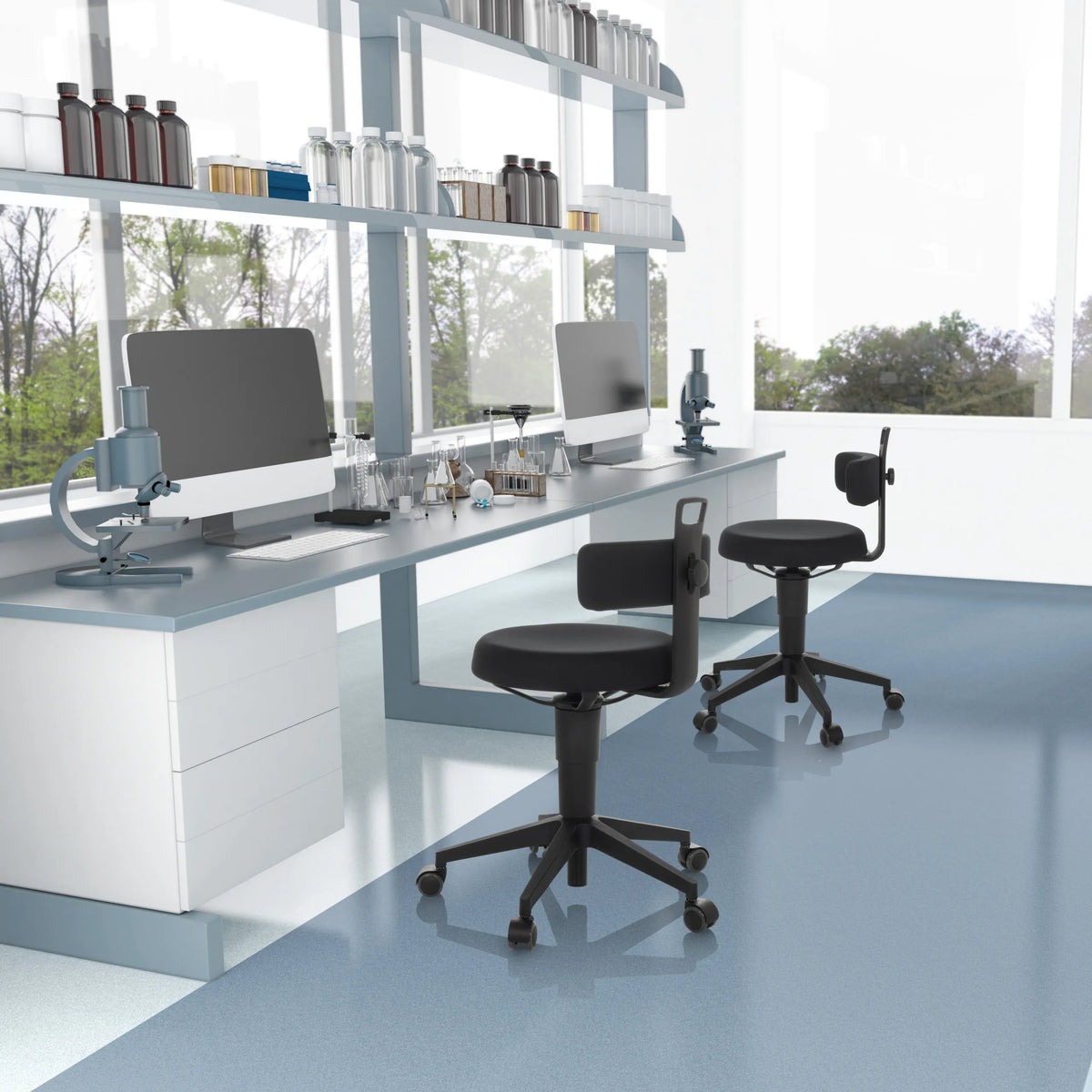 Two black TOP WORK FLEX swivel stools with fabric upholstery at a laboratory table by hjh OFFICE